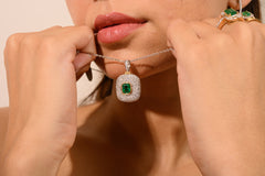 Cushion Cut Emerald Pave Diamond Pendant Unique Diamond Emerald Gold Pendant For Wedding Engagement
