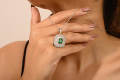 Cushion Cut Emerald Pave Diamond Pendant Unique Diamond Emerald Gold Pendant For Wedding Engagement