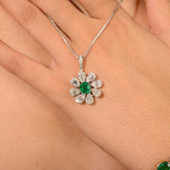 Cushion Cut Emerald & Pear Cut Diamond Pendant Flower Diamond Emerald Wedding Engagement Pendant For Bridal Gifts