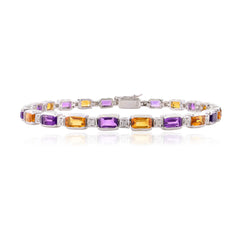 925 Sterling Silver Amethyst Citrine & Diamond Bezel Set Bracelet
