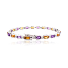 925 Sterling Silver Amethyst Citrine & Diamond Bezel Set Bracelet