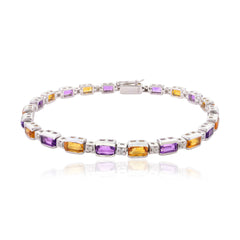 925 Sterling Silver Amethyst Citrine & Diamond Bezel Set Bracelet