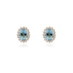 14k Yellow Gold Blue Aquamarine Diamond Halo Stud Earrings For Bridal Jewelry