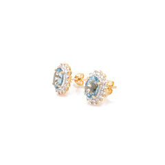 14k Yellow Gold Blue Aquamarine Diamond Halo Stud Earrings For Bridal Jewelry