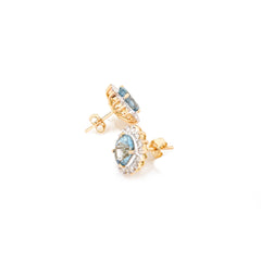 14k Yellow Gold Blue Aquamarine Diamond Halo Stud Earrings For Bridal Jewelry