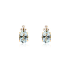 18K Yellow Gold Blue Aquamarine Diamond Stud Earrings For Women