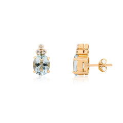 18K Yellow Gold Blue Aquamarine Diamond Stud Earrings For Women
