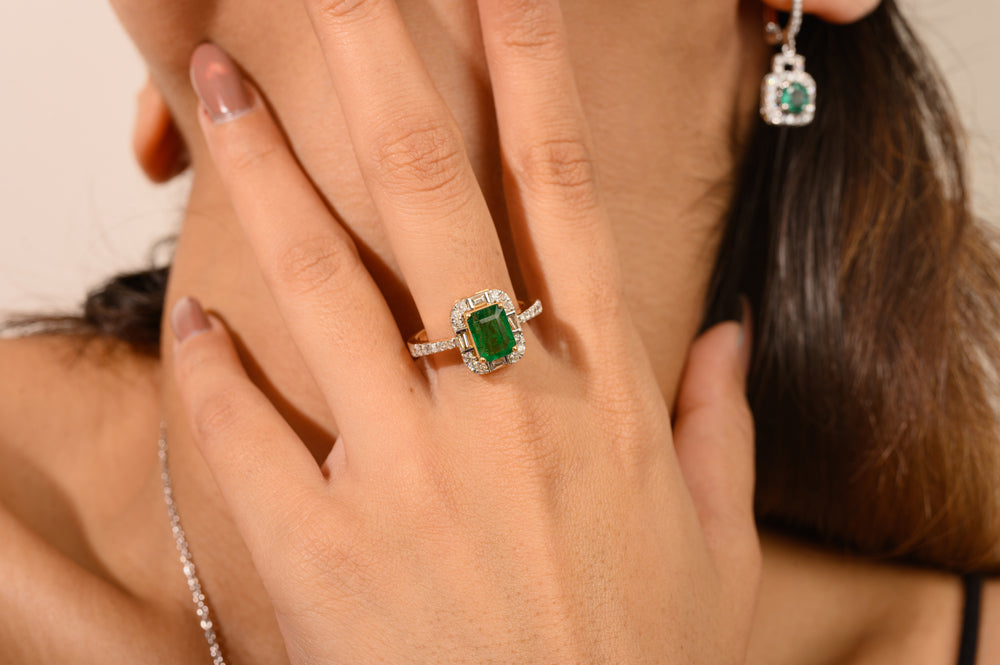 Octagon Cut Real Emerald Natural Diamond Ring Bridal Wedding Jewelry Gift